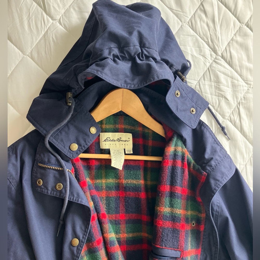 Eddie Bauer Dark Blue Parka with Plaid Lining